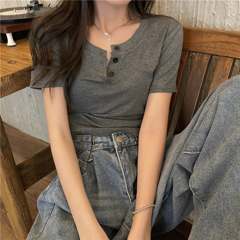 Real shot real price Korean version chic design sense short sleeve T-shirt women's summer versatile slim fit minority Spice Girls short