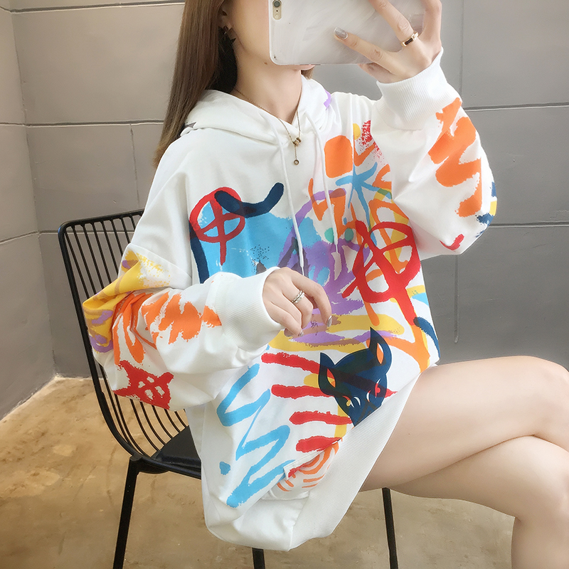Real shot 25 Cotton autumn 2020 mid long fashion printed hooded long sleeve sweater ins women
