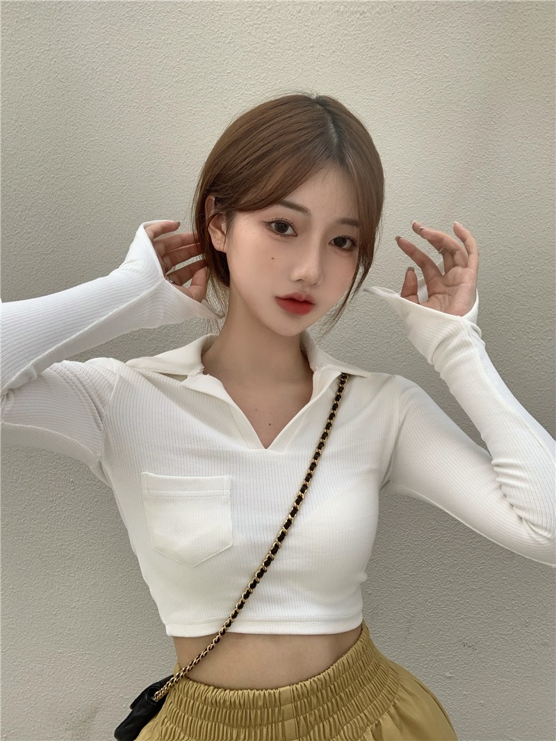 Design sense Lapel top women's spring and autumn 2021 new white tight long sleeve short inner bottom shirt