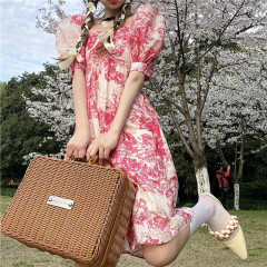 Real shot French retro minority halo dyed bubble sleeve dress women's summer new square neck short sleeve Floral Dress