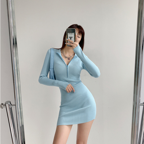 European and American spice girl style pure desire half high collar zipper buttock bottomed skirt women's autumn and winter sexy long sleeve knitted dress