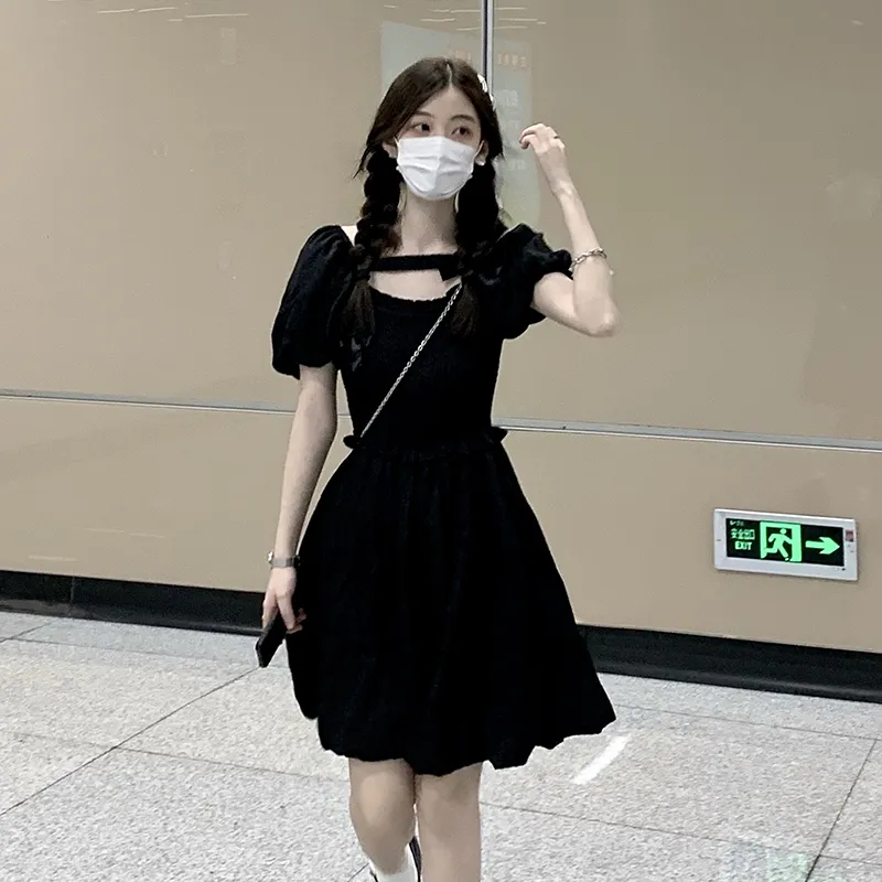 French small black skirt, court style design, summer 2022 new style, slim waist, bowknot, short sleeved dress, women