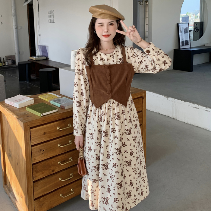 French floral dress 2022 new retro round neck fake two pieces waist slim fashion long skirt women