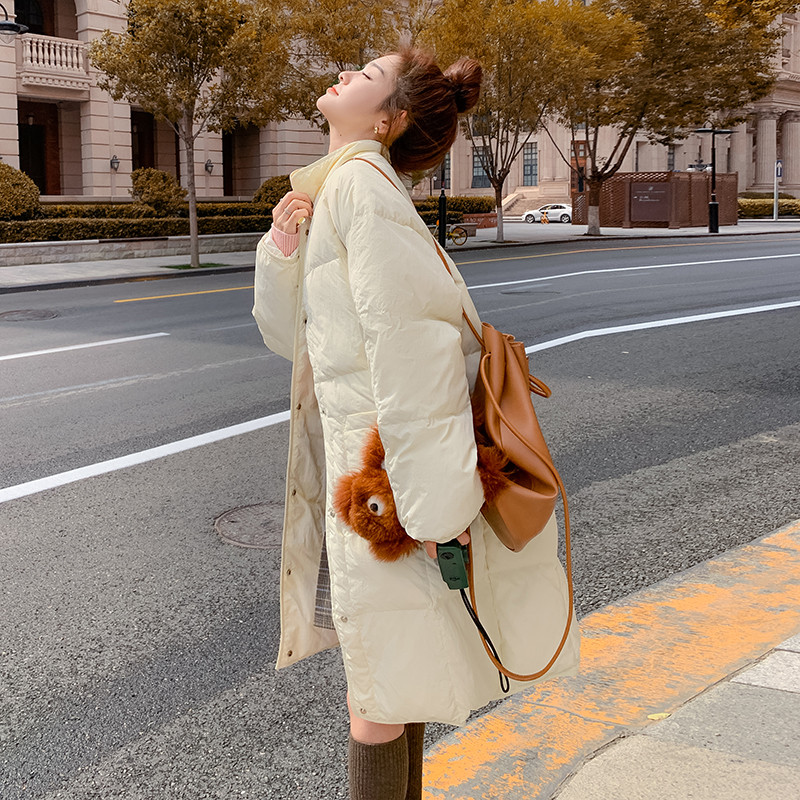 Real shot milk rabbit planet homemade loose large size long down jacket female large pocket windproof buckle winter coat
