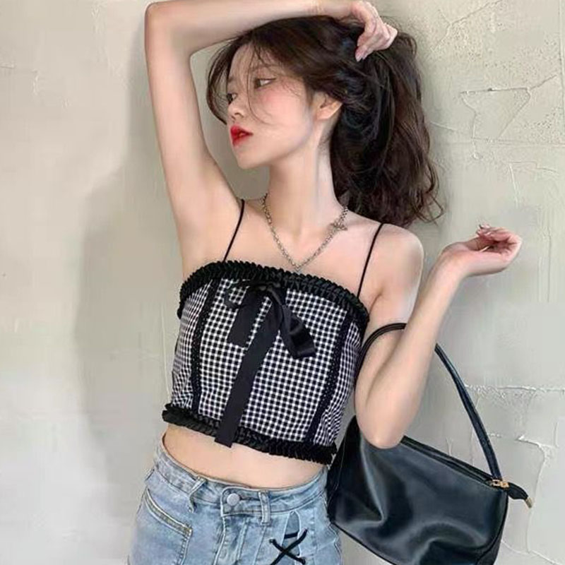 Suspender vest women's suit with spring and summer 2022 new fat mm Plaid short bottomed pure desire top