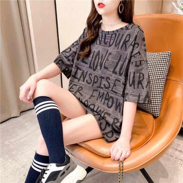 Real shot white short sleeve T-shirt women's loose Korean version 2021 new early autumn personalized printing medium length blouse