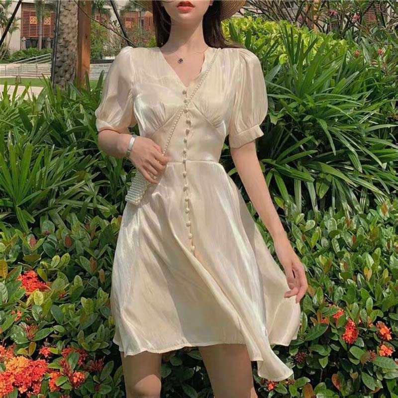French niche design single breasted super fairy collar mid length skirt with slim waist Chiffon Dress