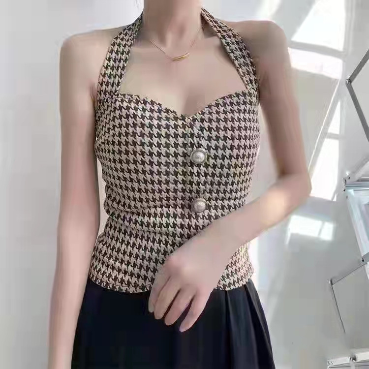 Thousand bird lattice neck suspender vest Hong Kong style retro interior with 2021 new style temperament, slim waist, retro top tide