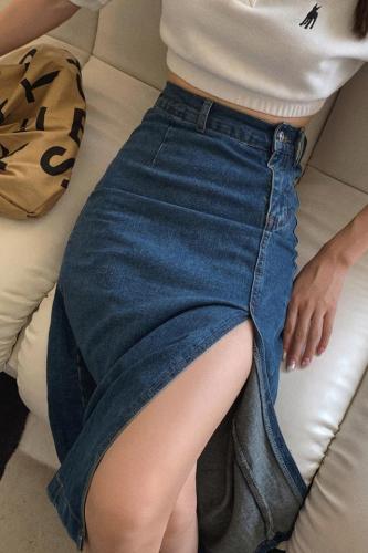 Women's high waist and thin split length blue slim skirt 2021 Xiaxin