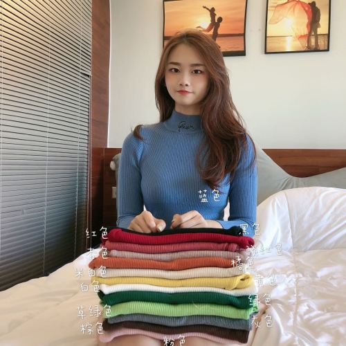 Real shot of autumn new Korea Fashion Top rabbit fleece core spun yarn knitwear half high collar embroidered versatile slim sweater