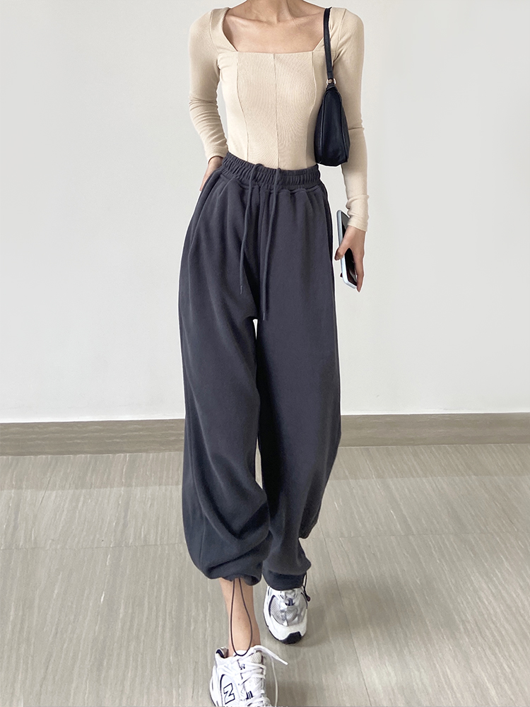 Fat MM American style dark gray sports pants women's 2023 spring and autumn loose beam feet large size straight pants high waist casual pants