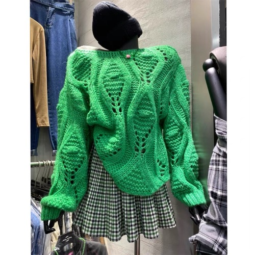 South Korea's Dongdaemun new Korean version of sexy one-shoulder hollow crocheted mid-length long-sleeved pullover knitted sweater