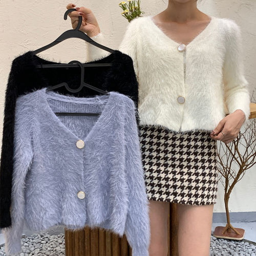 Real shot imitation mink wool cardigan jacket gentle soft waxy solid color small short sweater female sweater