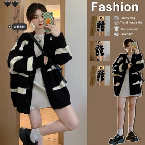 Autumn winter outfit new plus size loose stripe knit sweater cardigan female wear build coat loose languid lazy jacket