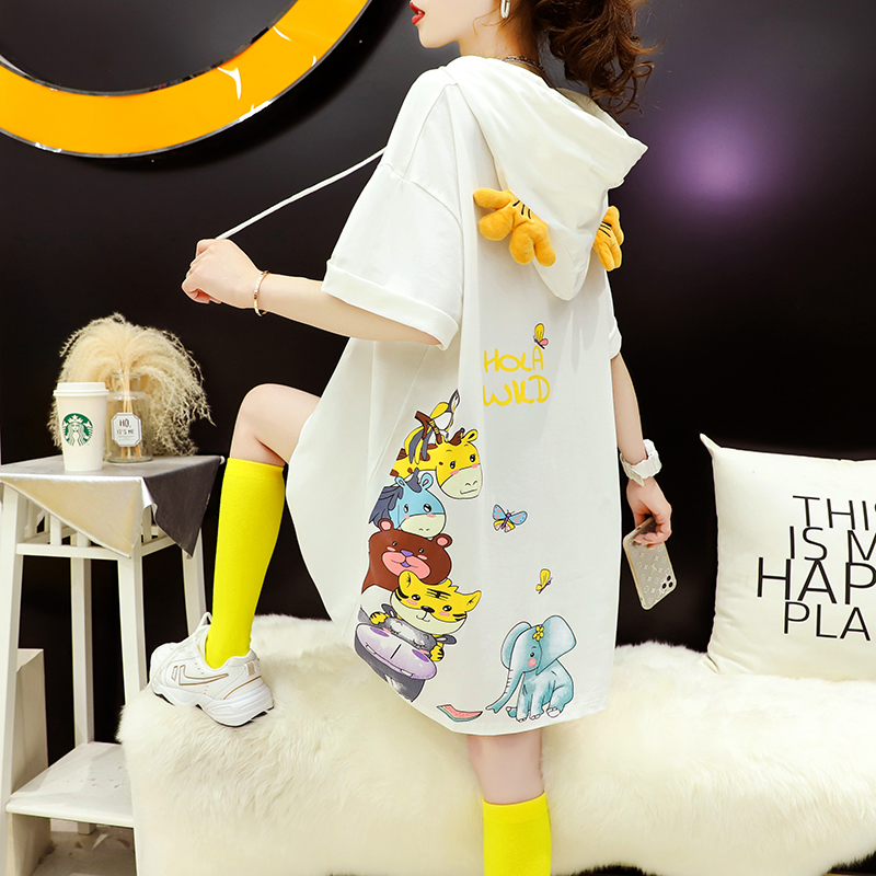 Official picture 6535 cotton 2023 summer mid-length cartoon hooded short-sleeved loose T-shirt for women