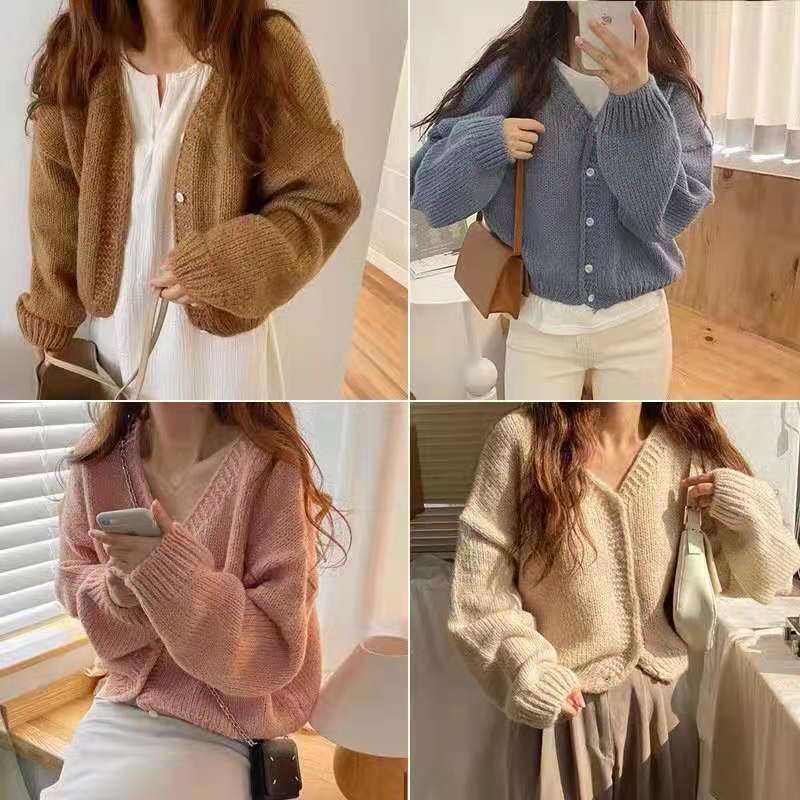 Candy color age-reducing white single-breasted V-neck sweater jacket women's autumn new Korean version chic knitted sweater cardigan
