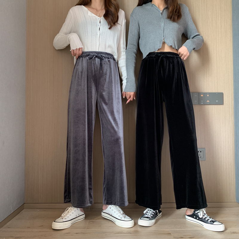 Real shot Korean velvet elastic waist high waist hanging feeling velvet wide leg floor dragging leisure long pants