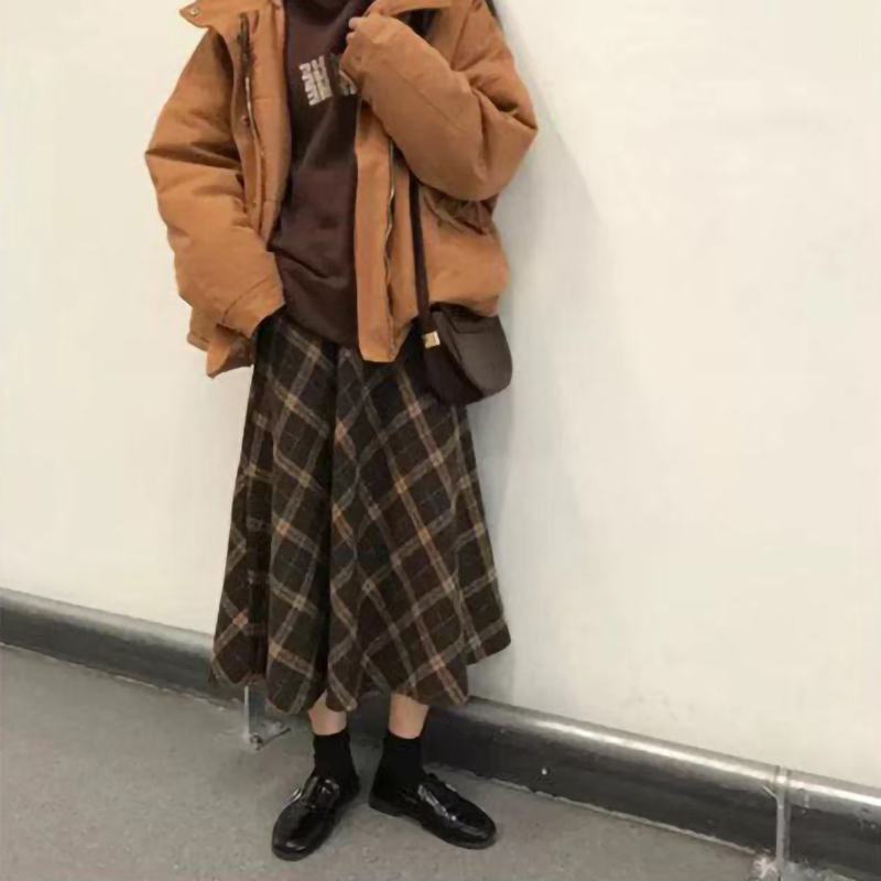 Wool / Plaid skirt Korean style loose all-match slim high waist A-line skirt large swing skirt autumn and winter
