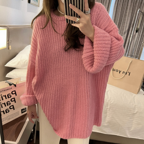 Large Sleeve Loose Plus Size Sweater Women's Mid-length Solid Color Water Sleeve Knitwear Thick Knit Sweater Top