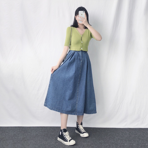 Real photo of big fat sister jeans skirt women's pure autumn half length skirt high waist thin skirt retro medium length