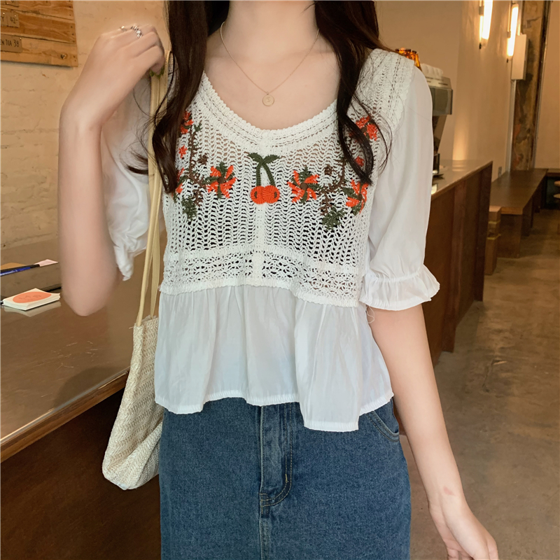 Real price summer round neck small cherry embroidery hollow out bubble sleeve splicing Chiffon Shirt Short Sleeve Top