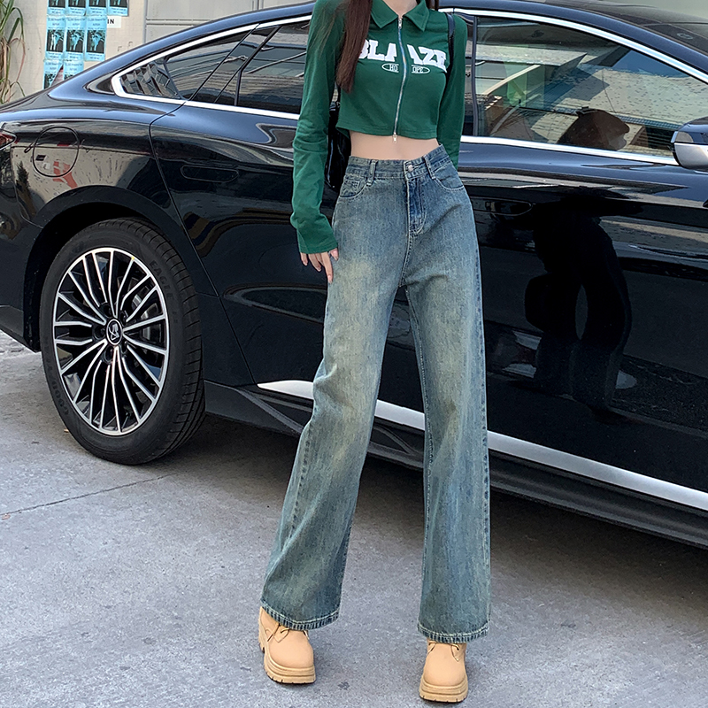 Real price~High waist straight jeans women's spring new retro Hong Kong style loose and thin wide-leg pants