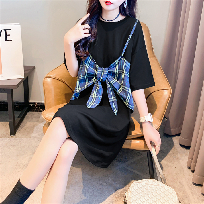 Real shot 65 fake two-piece plaid sling short-sleeved T-shirt mid-length Korean version lazy style design top