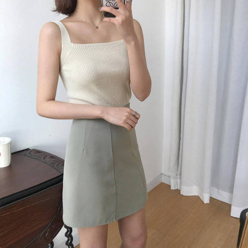 Knitted inside with sleeveless elegant suspender tank top women's summer white bottomed on the shoulders and square neck top