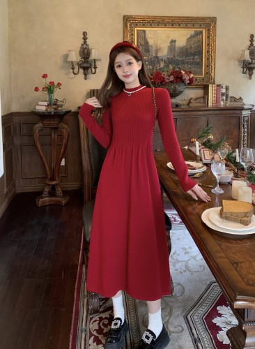 Knitted inner bottoming long-sleeved dress winter drapey long dress for women