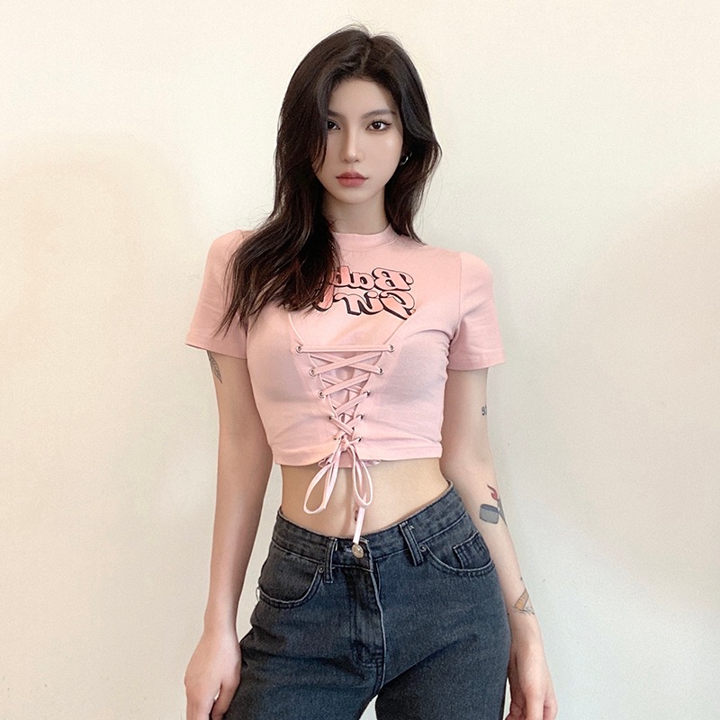 65% cotton sweet cool letter printing short-sleeved t-shirt slim fit short round neck top navel summer