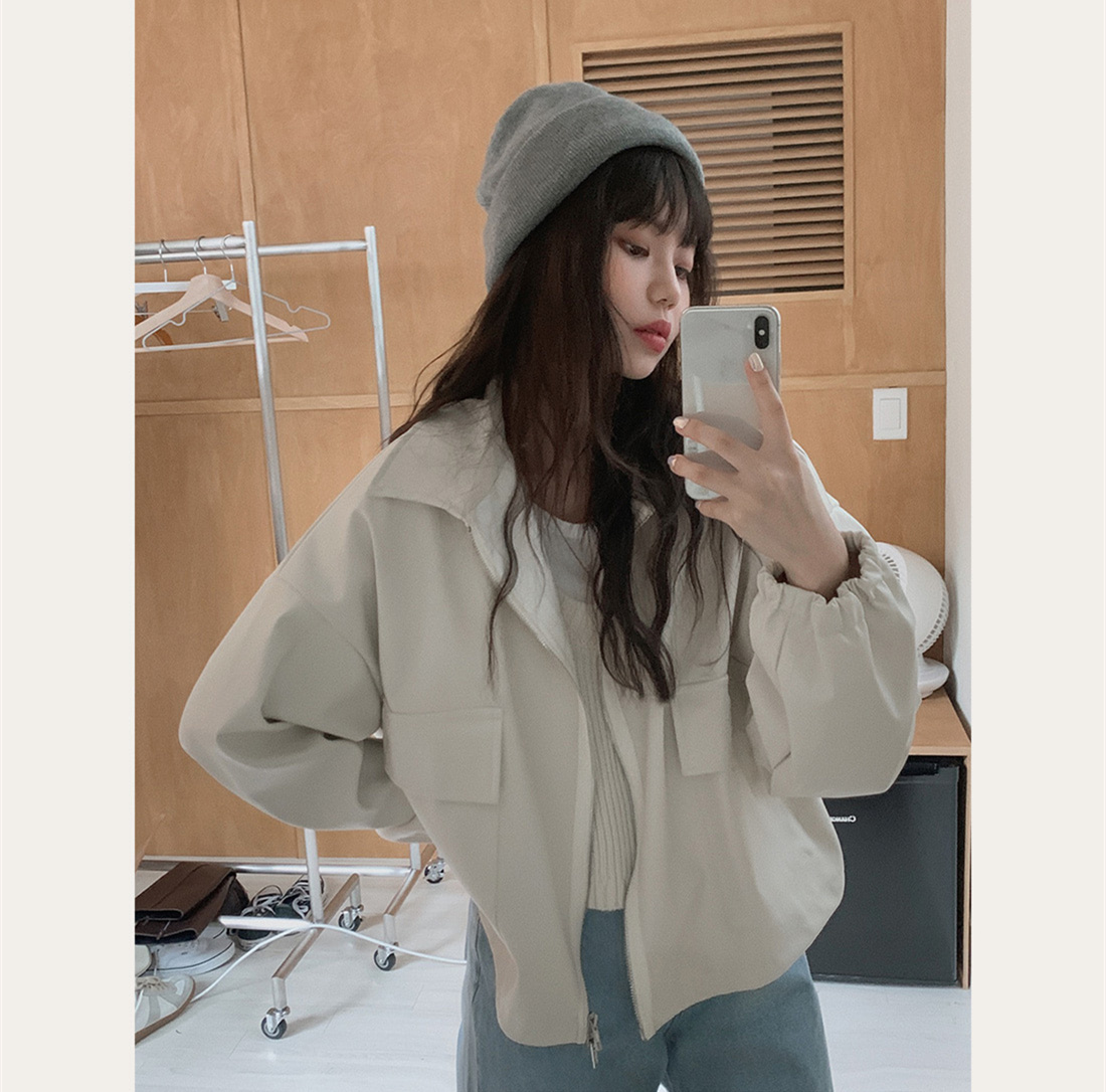 Korean simple large pocket Leather Motorcycle short coat