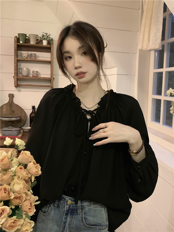 Real price real price French lantern sleeve doll shirt women 2023 Korean version of niche design sense of meat and thin shirt