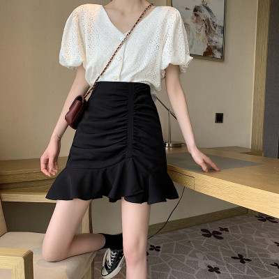 Korean high waist slim irregular Ruffle pleated fishtail skirt