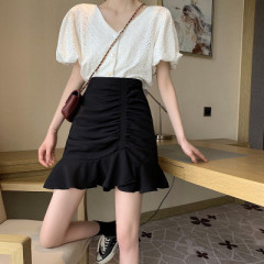 Korean high waist slim irregular Ruffle pleated fishtail skirt