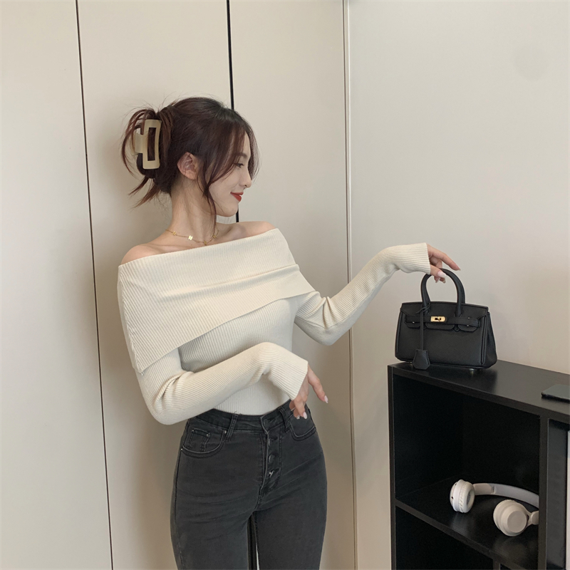 Real shooting real price Autumn new sexy one-shoulder design all-match solid color knitted top women