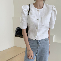 South Korea summer new Pearl single breasted jacket round neck short jacket