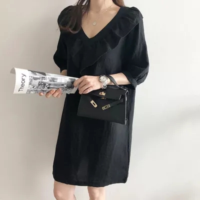 Korean Ruffle large V-neck medium sleeve straight skirt 2022 spring and summer new small fresh thin wash linen dress