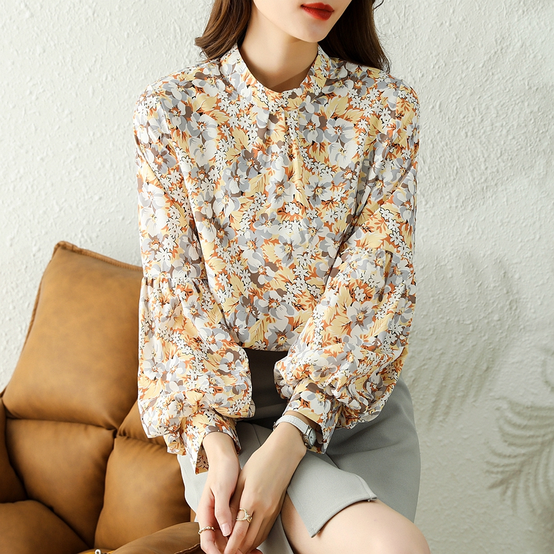 Versatile chiffon shirt loose stand collar small broken flower lantern sleeve top foreign style shirt