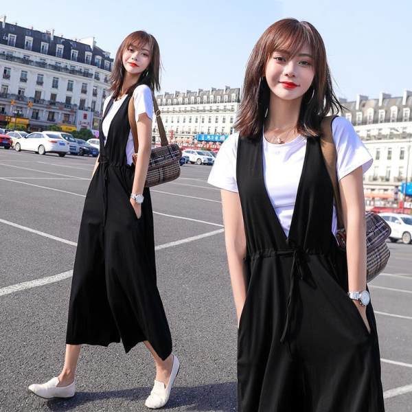 Large size women's summer new leisure strap pants women's wide leg pants loose and thin fashion one-piece pants fashion