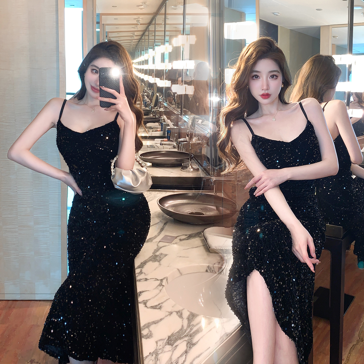 Real shot of starlight sequins V-neck slim mermaid skirt high-end waist bag hip dress