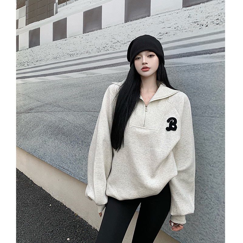 Towel Embroidery Spring and Autumn Thin Loose Retro Half Open Collar Top