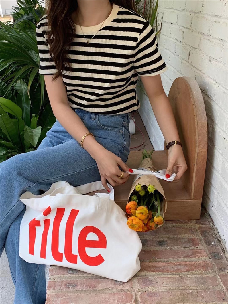 Real shooting Korean round neck stripe short sleeve T-shirt women's 2022 spring new ins fashion loose thin cotton top