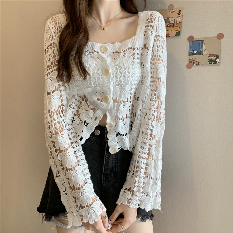 Real shot at real price~ Spring new model carefully hollowed out thin section air-conditioning blouse long-sleeved knitted cardigan for women