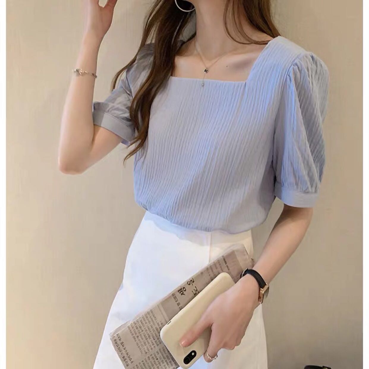 Summer new large women's fat mm loose show thin cover belly base small shirt trendy age reducing bubble sleeve top