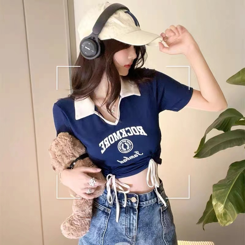 Ice silk hot girl style hit color polo collar drawstring waist printed T-shirt women's short slim fit and thin niche top