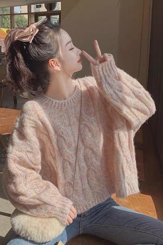 Suit net red sweater female lazy autumn winter 2021 new Korean loose college Mohair + apricot pants