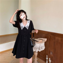 Real Price Embroidery small black dress with pointed collar and French waist dress