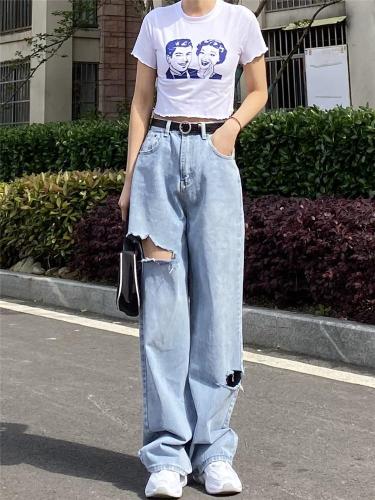 Spring and summer wide leg pants high waist straight tube loose casual dad pants Vintage Port style ins versatile pierced jeans women