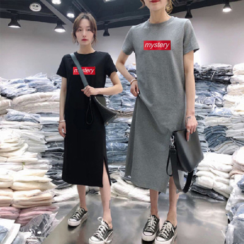 Summer short sleeve dress casual cover belly large women's loose medium length over knee T-shirt skirt