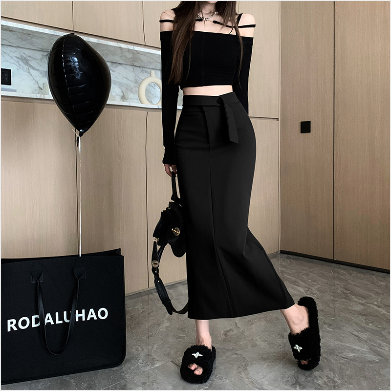 Autumn new Korean version of the high waist design sense tie waist show thin casual suit skirt